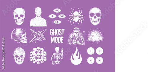 White graphic elements on purple background skull eyes