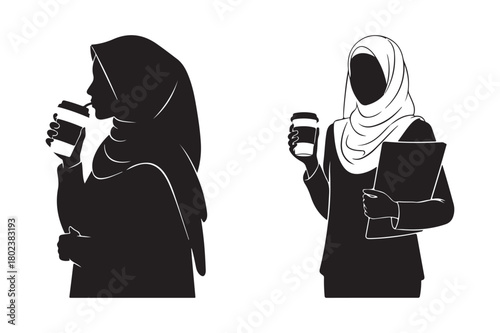 Two muslim women in silhouette holding coffee cups and a book