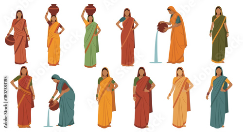Indian women in traditional saris carrying water and performing daily tasks