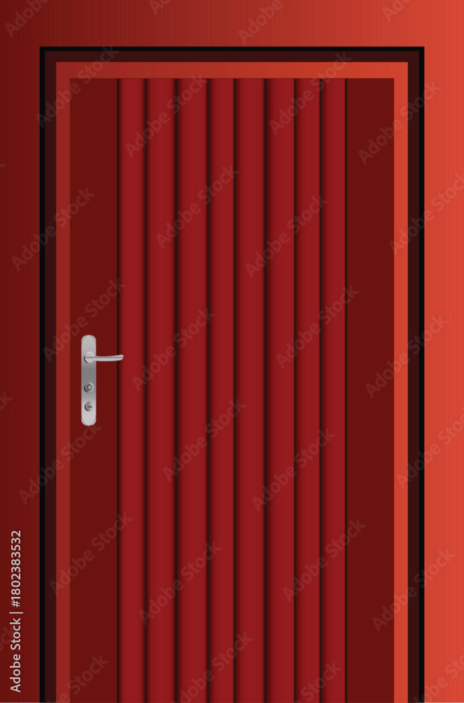 Obraz premium This is a high-quality vector illustration of a modern red door featuring elegant vertical paneling and a sleek silver lever handle. The design showcases rich red tones with a realistic wooden texture