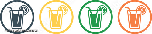 Set of four circular icons representing refreshing drinks with citrus slices and straws