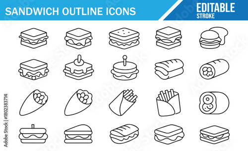 Sandwich outline icon set in clean editable stroke style featuring burgers, wraps, subs, fries, and layered food illustrations for menus, apps, packaging, cooking guides, and restaurant design project