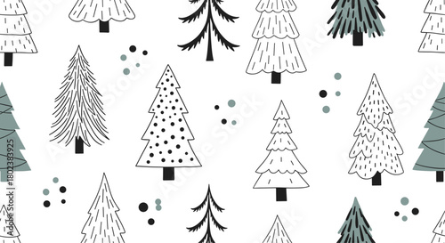 A whimsical seamless pattern featuring various hand-drawn evergreen trees and scattered dots on a clean white background, perfect for festive designs.