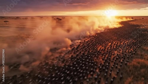 Wildebeest migration in africa kenya tanzania safari animals wildlife nature travel adventure sunset mass