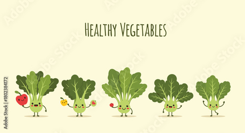 Cute cartoon vegetables with smiling faces promoting healthy eating habits and a vibrant lifestyle, perfect for educational materials or wellness campaigns.