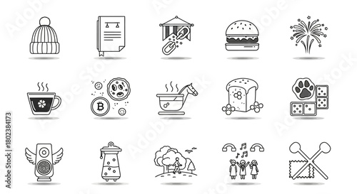 Minimalist icons set: winter hat, legal book, playground, burger, fireworks, and more