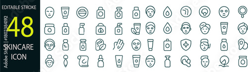 Skincare icon set. Containing skincare, uv block, collagen, beauty, skincare, moisturizing, natural and more. editable stroke. vector illustration
