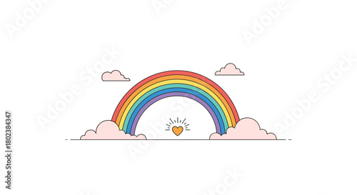 A cheerful illustration depicts a vibrant rainbow arcing between fluffy pink clouds, with a glowing heart nestled beneath its colorful curve, symbolizing hope and positivity.