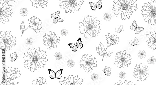 Delicate floral pattern featuring hand-drawn daisies and butterflies on a clean white background, perfect for spring or summer designs and illustrations.