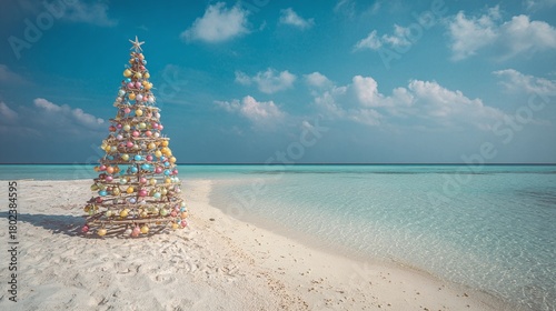 Tropical Christmas: A festive tree stands on a white sand beach next to turquoise ocean waters. A star tops the tree, colorful ornaments sparkle in the sunlight.