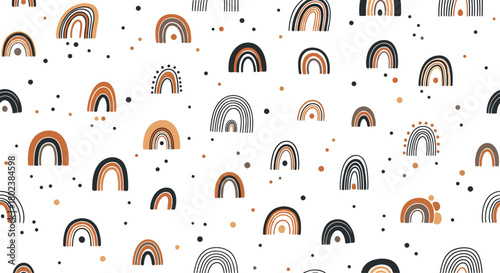 Seamless pattern featuring minimalist boho rainbows and scattered dots in warm autumnal tones of black, orange, and cream, perfect for backgrounds.