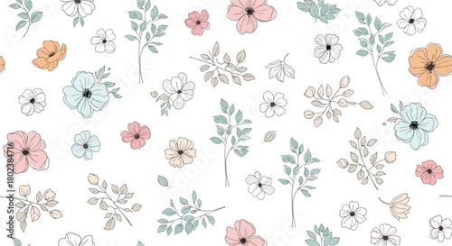 Delicate floral pattern featuring pastel-colored wildflowers and botanical elements scattered across a clean white background, creating a soft and whimsical aesthetic.
