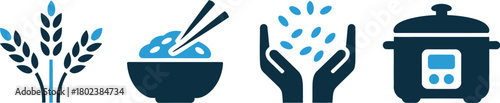 A clean, modern icon collection representing rice production and consumption with a stylish two-tone blue color scheme