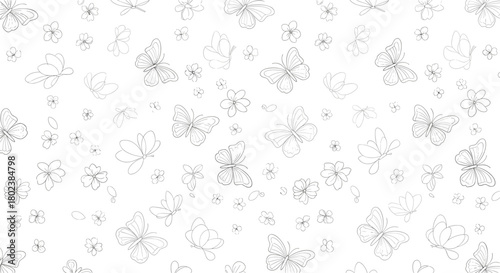 Delicate hand-drawn pattern featuring fluttering butterflies and small blossoms in a seamless, monochrome style, perfect for backgrounds and decorative designs.