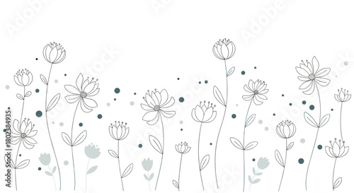 Delicate floral arrangement featuring hand-drawn wildflowers and scattered botanical elements in a minimalist style, perfect for backgrounds and designs.