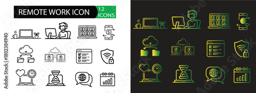 Remote Work Icon Set —Stock vector containing of Laptop, Video Call, Cloud, Wi-Fi, Productivity, Security, Outline & Neon Styles

