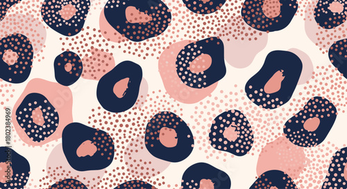 Abstract leopard print pattern with navy blue and blush pink spots on a cream background, a modern and stylish animal skin texture design.