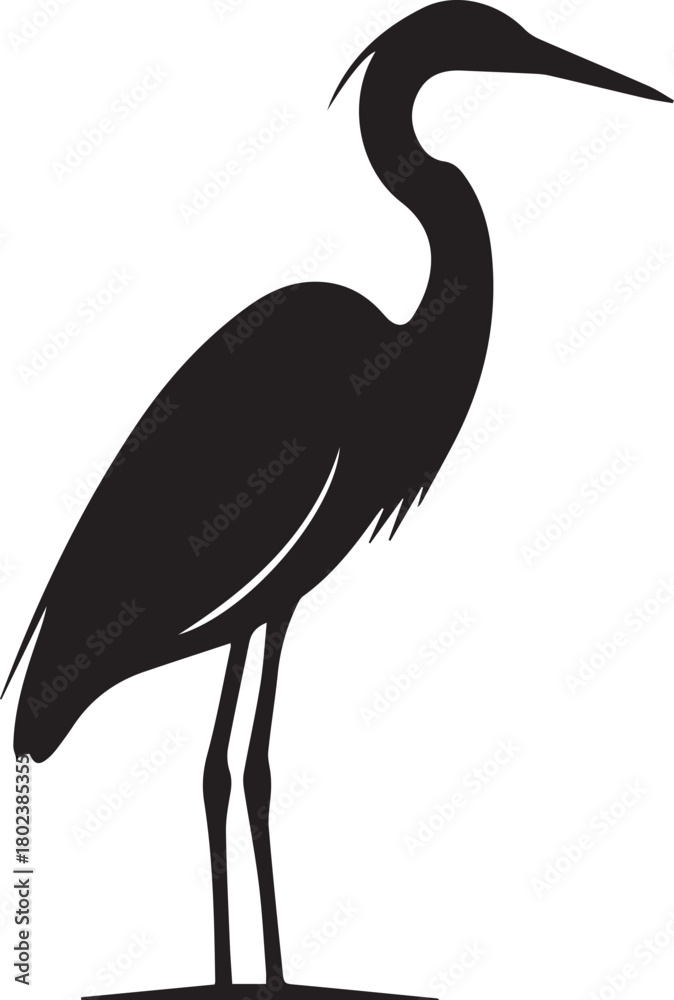 Obraz premium Silhouette of a graceful heron bird standing tall with long legs and slender neck captured in black and white.