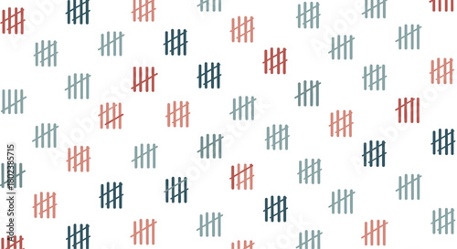 A scattered pattern of tally marks in shades of blue and red against a clean white background creates a minimalist and repetitive visual texture, suggesting counting or record-keeping.
