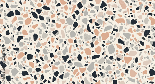 A seamless terrazzo pattern featuring irregular shapes in muted shades of gray, black, and peach against a creamy white background, creating a modern aesthetic.