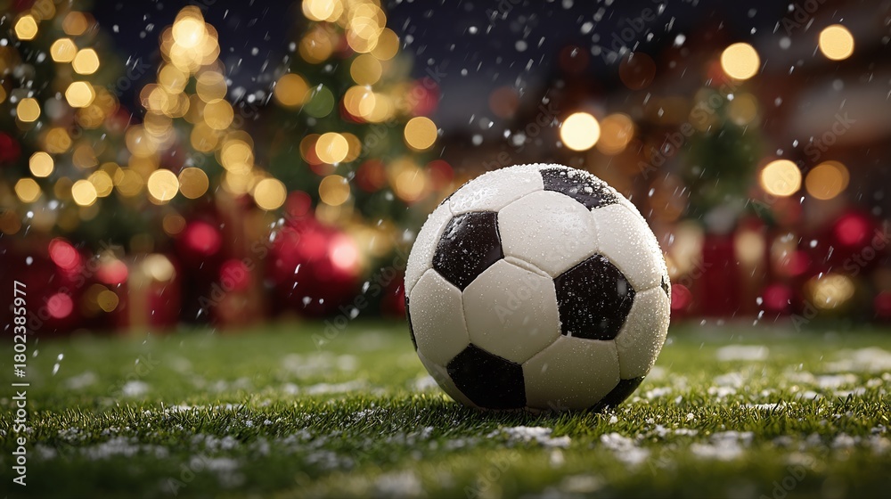 Naklejka premium Winter games meet holiday spirit as a classic soccer ball rests on snowy grass, illuminated by twinkling lights in the background. A festive fusion of sport and celebration.