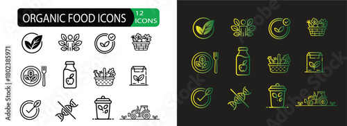 Organic Food and Eco Product Icon Set — Stock vector containing of Milk, Apple, Basket, Non GMO, Outline & Neon Styles



