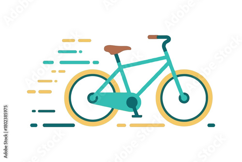A teal bicycle with a brown seat moves quickly, indicated by motion lines.
