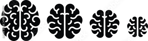A set of four minimalist human brain icons arranged in a row, decreasing in size to symbolize concepts like knowledge, psychology, or neurology