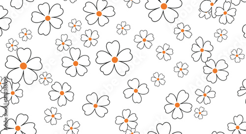 Delicate floral pattern featuring simple, hand-drawn white blossoms with orange centers scattered across a clean white background, creating a cheerful and fresh aesthetic.