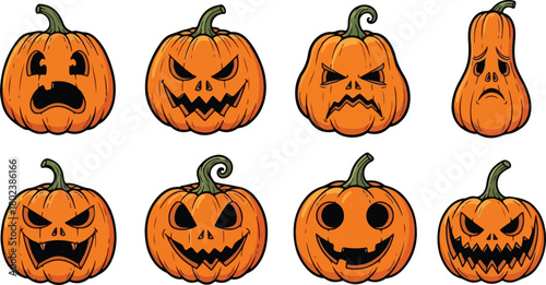 Halloween carved pumpkins cute funny jack o lanterns hand drawn eps