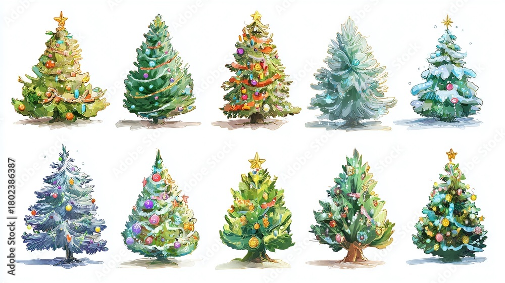 Fototapeta premium Watercolor Christmas Trees: Festive variety of decorated trees in watercolor style. Ideal for seasonal cards, digital designs, and holiday-themed projects.