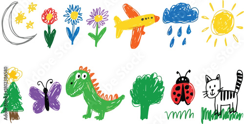 Childrens crayon drawings of moon stars flowers airplane cloud sun tree dinosaur butterfly