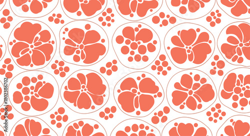 Seamless pattern featuring stylized coral-colored floral designs on a clean white background, creating a cheerful and organic aesthetic for various applications.