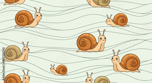 Seamless pattern featuring adorable cartoon snails with smiling faces crawling across a light green wavy background, perfect for children's designs.