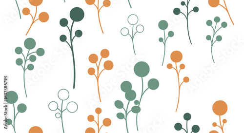 Delicate floral pattern featuring stylized stems with rounded buds in muted teal and warm orange tones against a clean white background.
