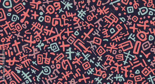 Intricate abstract pattern featuring a dense arrangement of hand-drawn, geometric shapes and lines in muted coral and teal tones, creating a playful, textured background.