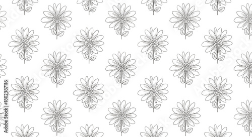 Seamless floral pattern featuring delicate hand-drawn daisy illustrations on a clean white background, perfect for spring and summer designs.