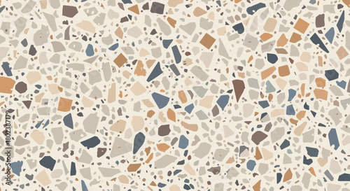 Seamless terrazzo texture with a neutral palette of beige, gray, and blue speckled fragments, creating a modern and sophisticated surface pattern.