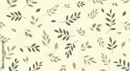 Delicate botanical pattern featuring stylized leaves in muted green and olive tones against a soft cream background, creating a subtle and elegant design.