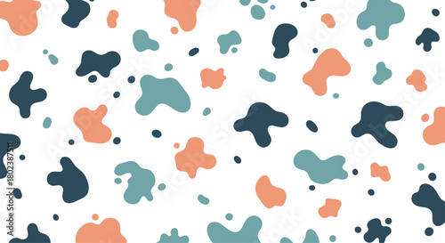 Abstract pattern featuring organic shapes in muted teal, dusty rose, and navy blue scattered across a clean white background, creating a modern aesthetic.