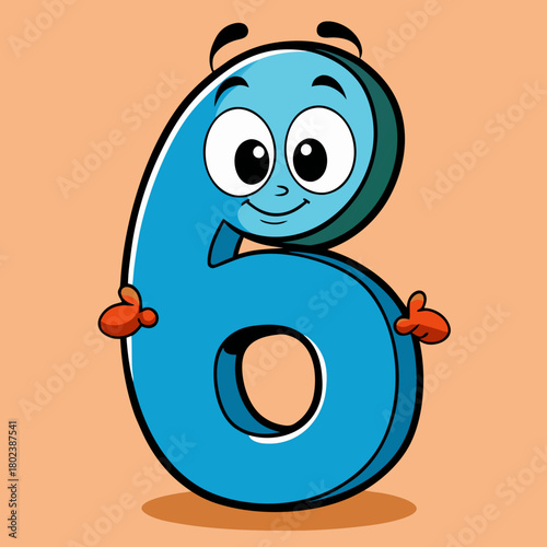 Cartoonish number six character with big eyes and a smile on a peach colored background design vector