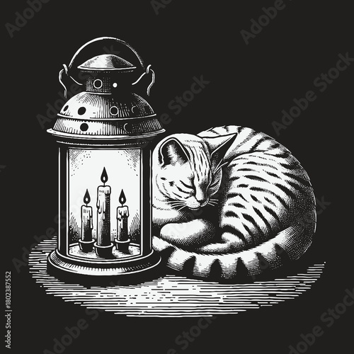A Striped Tabby Cat Sleeping Peacefully Beside a Vintage Candle Lantern.