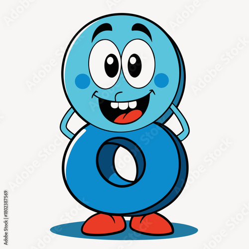 Cartoonish blue figure eight character with a smiling face and red shoes stands cheerfully upright