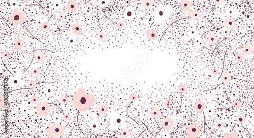 Delicate floral background with scattered pink blossoms and subtle brown speckles creates a soft, whimsical frame for text or design elements.