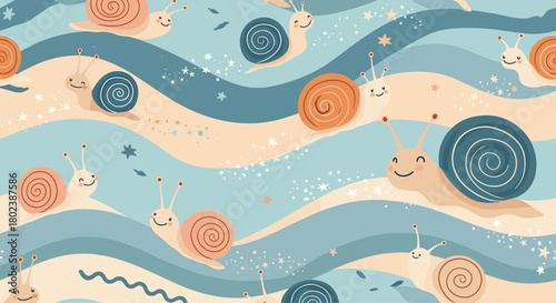 A whimsical pattern featuring adorable snails with colorful shells crawling across a flowing blue and beige landscape, sprinkled with stars.