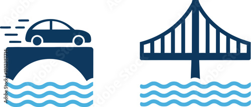 Simple vector icons of a car moving across an arch bridge and a suspension bridge silhouette, representing transportation and civil infrastructure