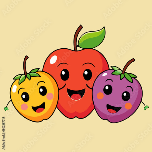Cartoon illustration of a red apple and two other fruits with happy faces on a light yellow background