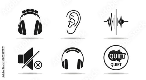 Audio silence and listening icons: headphones, ear, soundwave, mute, quiet symbols