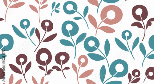 A seamless floral pattern featuring stylized blooms and leaves in muted shades of teal, burgundy, and dusty rose creates a delicate and modern botanical design.