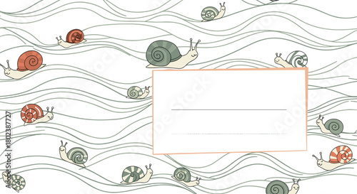 A whimsical illustration featuring numerous snails with colorful shells crawling across a background of gentle, flowing lines, with a blank rectangular frame for text.
